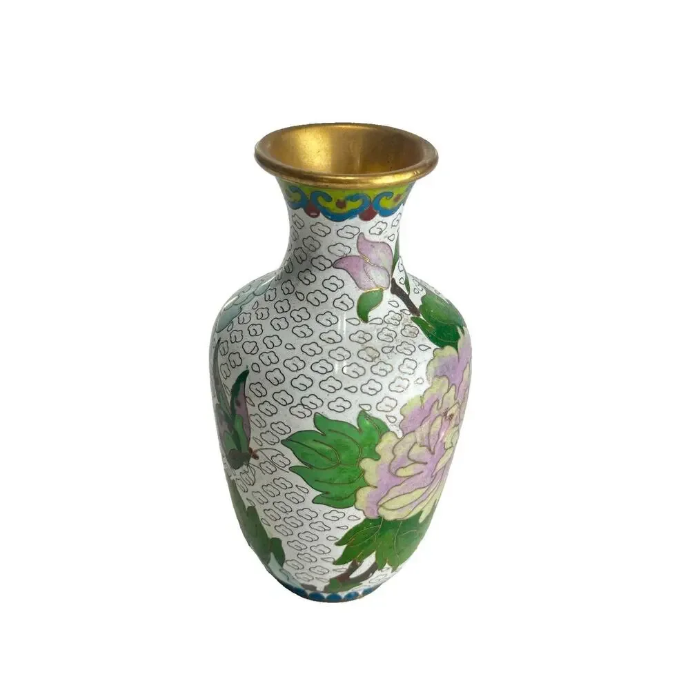 vintage chinese cloisonne vase brass white enamel peony bird butterfly decor